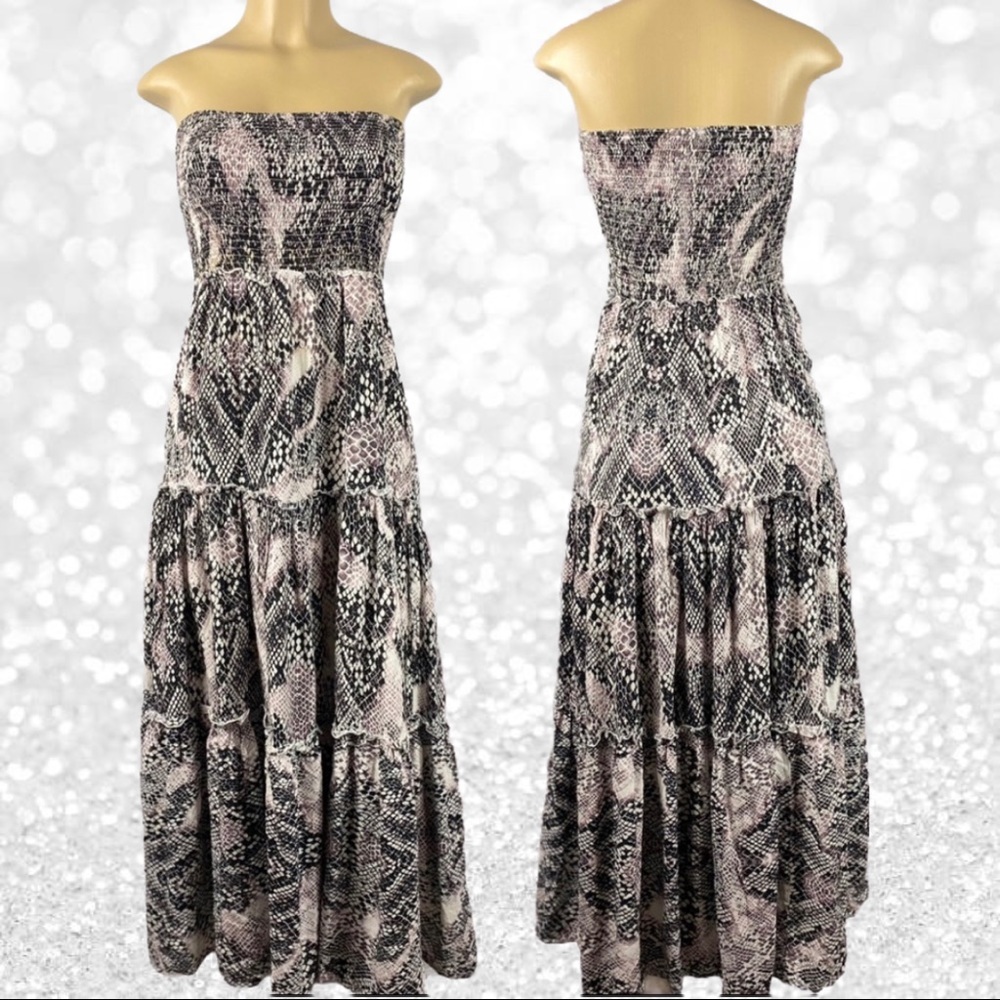Strapless Snake-Print Maxi Dress in Black & Cream